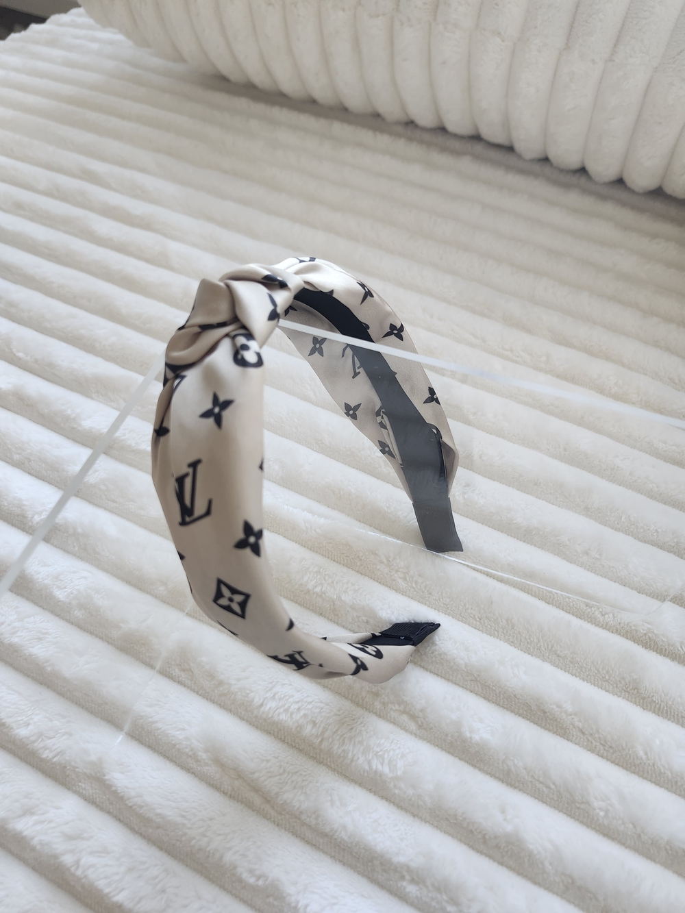 Knotted Top Headband Beige Black Floral Monogram Print Satin Silky Hair Band